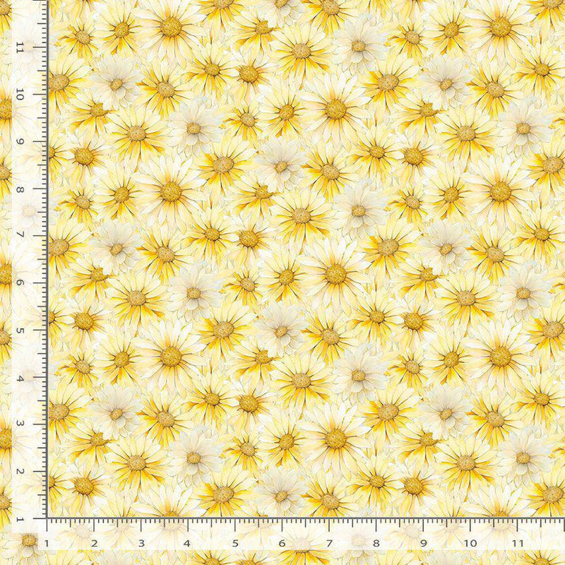 Timeless Treasures Forest Whisper Packed Daisy Yellow FLEUR-CD3686 YELLOW with ruler for scale