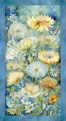 Timeless Treasures Forest Whisper Panel 24" Multil PANEL-CD3680 MULTI 24" fabric panel featuring flowers, dandelions, and butterflies on a blue, watercolor style background