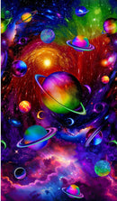 Colorful galaxy with planets and stars in a futuristic design.
