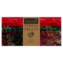 A Timeless Treasures Tonga Treats Layer cake featuring batik fabric in bright reds, greens, and pinks. 