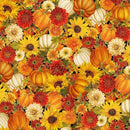 Pattern of pumpkins and flowers in autumn colors on a multicolor background