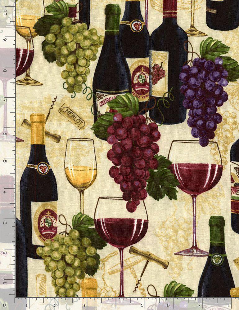 Timeless Treasures Happy Hour Wine Bottles and Grapes WINE-CD6311 SAND with ruler for scale