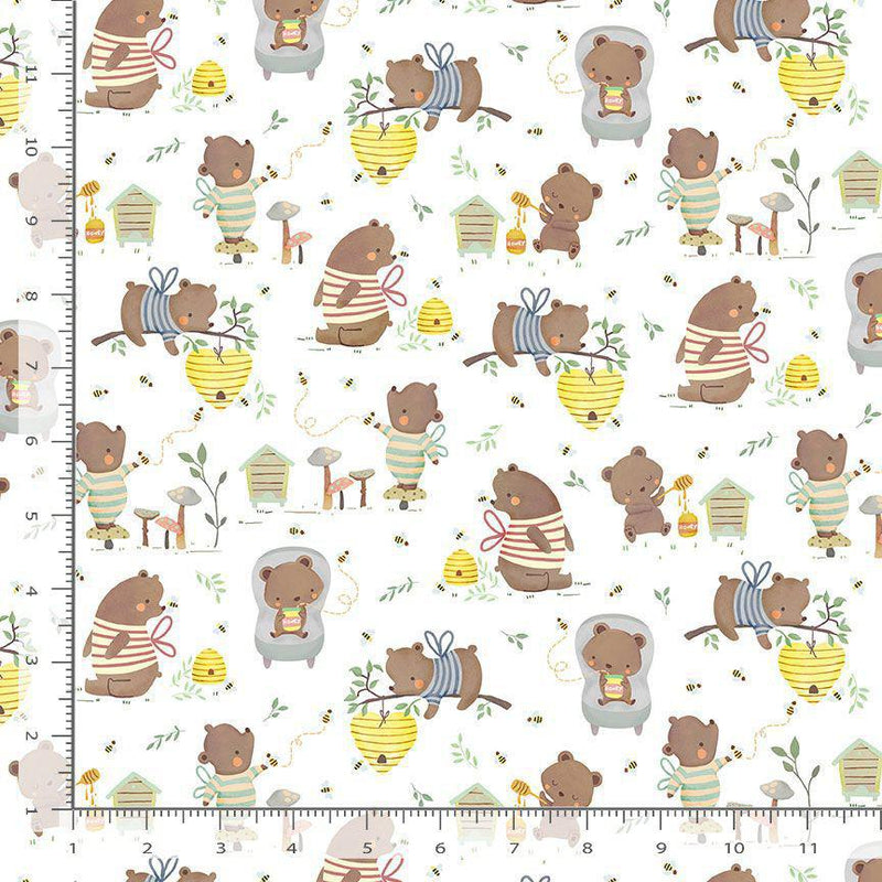 Timeless Treasures Honey Bear Bears & Bees Scenic White KIDZ-CD3487  WHITE