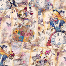 Collage of vintage-style illustrations featuring a cat, flowers, and clocks.