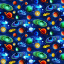 Colorful pattern of planets and stars on a blue background