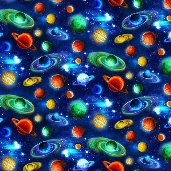 Colorful pattern of planets and stars on a blue background