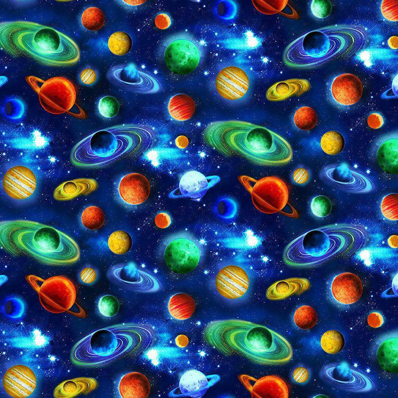 Colorful pattern of planets and stars on a blue background