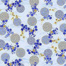 Patterned fabric with blue and yellow flowers on a light blue background