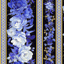 Decorative fabric with blue and white floral pattern on a black background