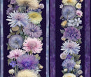 A floral pattern featuring one wide and one narrow stripe of multicolored flowers on a dark background. 
