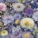Fabric patterned with assorted florals in purple, white, and light blue on a dark background.