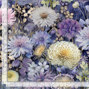 Fabric pattterned with assorted florals in white, purple, and light blue on a dark background with a ruler for scale
