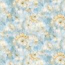 Pattern of white dandelions on a light blue background. 