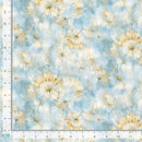 Pattern of fluffy dandelions on a light blue background with a ruler for scale