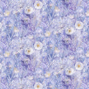 Fabric patterned with soft dandelions on a light purplish blue background. 