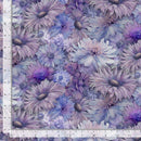 Floral fabric pattern with purple and blue flowers on a white background, measured by a ruler.