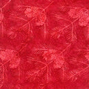 Fabric featuring a psttern of conifer branches and pinecones on a pinkish red background