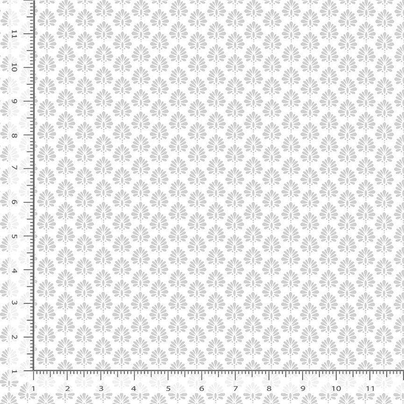 White fabric with subtle gray leaf pattern on a white background