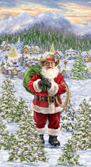 A festive Christmas panel featuring Santa in a straw hat carrying a sack of toys in a winter scene. He stands amongst small Christmas trees in front of a cute village and large snowy mountains. 
