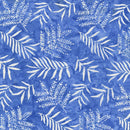 Timeless Treasures Tonga Batik Fern Bluebell TONGA-B2534 BLUEBELL - batik fabric swatch with various white ferns tossed on a medium blue background