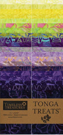 A package of 40 2.5" x 44" Tonga batik fabric strips. The selection includes prints in bright purple and green shades. 