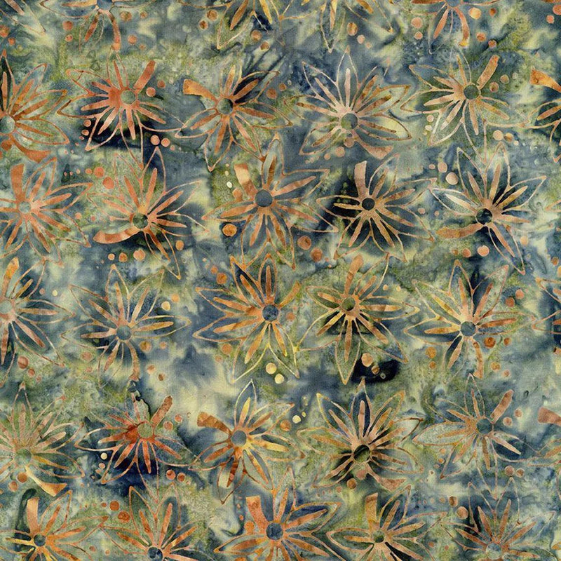Patterned fabric with floral design in green, orange, and brown tones.