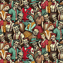 Illustration of skeletons and zombies in vintage clothing on a brown background