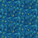 Pattern of blue peacock feathers with green and yellow accents.