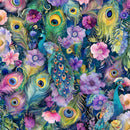 Colorful pattern of peacock feathers and flowers on a blue background