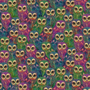 Pattern of colorful owls with a multicolor background