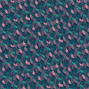 Patterned fabric with a repeating design of purple and green shapes on a dark blue background