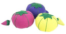 Three colorful tomato pin cushions with strawberry emeries. 