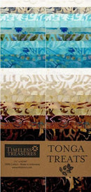 A folded fabric bundle labeled 'Timeless Treasures Tonga Treats' showing multiple patterned fabric layers in blue, beige, brown, and black with floral and abstract designs.