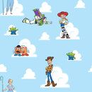 A fabric swatch featuring assorted Toy Story characters on a blue sky background. Visible characters include Buzz Lightyear, Woody, Jessie, Mr. and Mrs. Potato Head, Bo Peep, and aliens.
