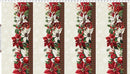 Decorative fabric stripe featuring multicolored florals and pomegranates on a cream background. The background includes subtle tonal snowflakes.