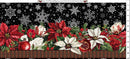 Christmas-themed fabric with poinsettias, flowers, and snowflakes on a black background