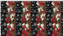 Christmas-themed fabric with poinsettias, red berries, and snowflakes on a black background.