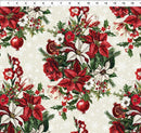 Christmas-themed fabric with red and white poinsettias, holly leaves, and berries on a cream background.