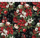 Christmas-themed fabric with red, white, and green flowers on a black background