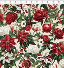 Christmas-themed fabric with red and white flowers, pomegranates, and holly leaves on a cream background. 
