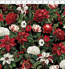 Christmas-themed fabric pattern with red, white, and green flowers on a black background.