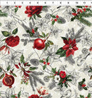 Christmas-themed fabric pattern with red flowers, pomegranates, and holly leaves on a cream background.