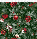 Christmas-themed fabric with red flowers, pomegranates, and greenery on a dark green background.