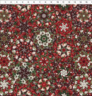 Christmas-themed fabric pattern with red, green, and white colors on a brown background.