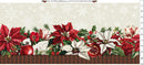 Decorative fabric stripe featuring multicolored florals and pomegranates on a cream background. The background includes subtle tonal snowflakes. This swatch includes a single repeat. 