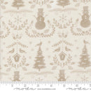 Christmas fabric featuring beige snowmen, bird houses, cardinals, and Christmas trees on a tan background