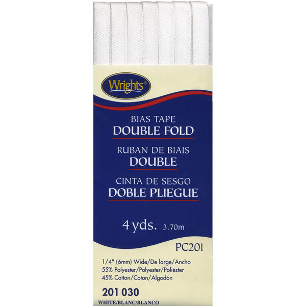 Wrights Double Fold Bias Tape 1/4" Wide 4 Yards White 117 201 030 - sewjersey.com