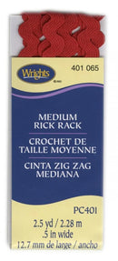 Wrights medium rick rack packaging with red rick rack on a white background