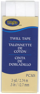 A package of Wrights 1/2 inch twill tape in white. There are 3 yards in the package. 