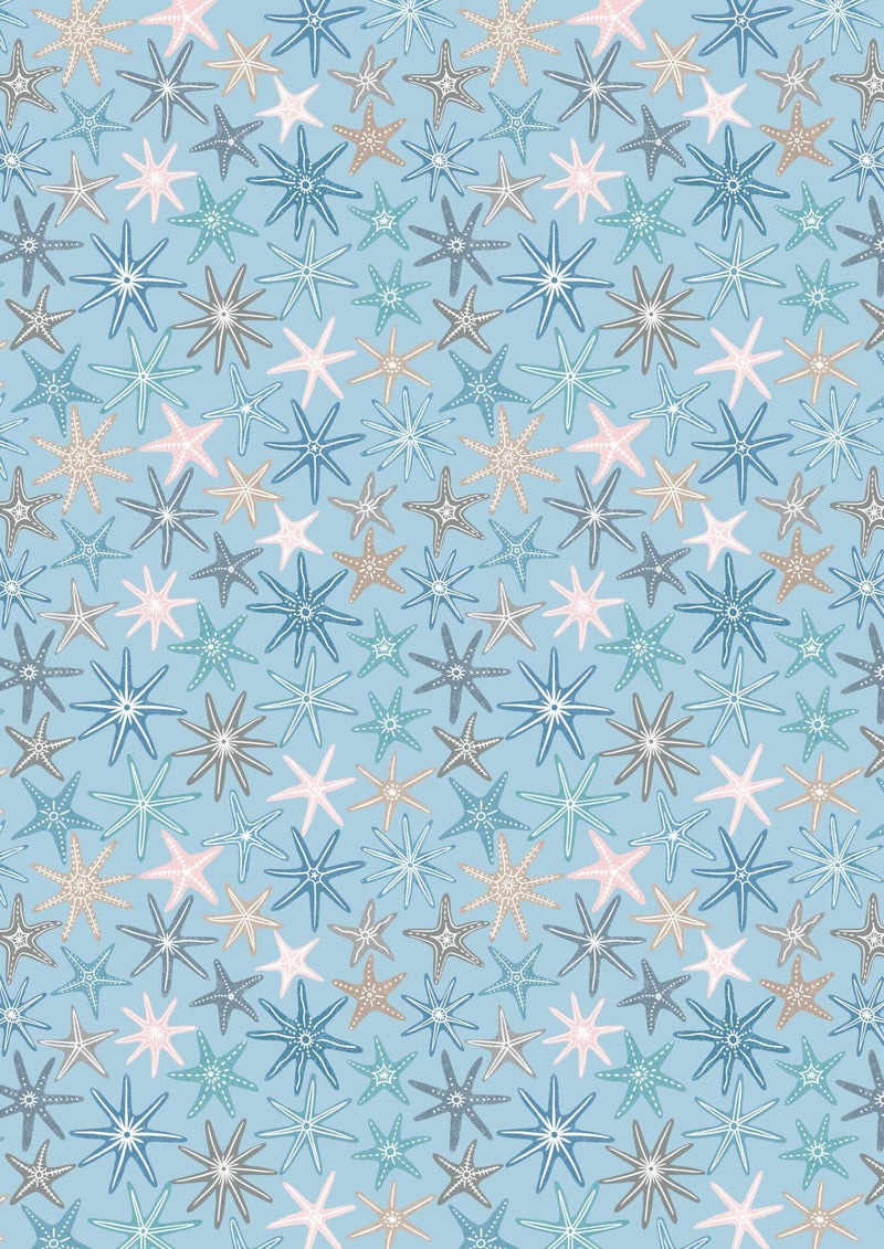 Lewis and Irene Ocean Pearls - Multi starfish on sunny blue with pearl - A829.2 - Sewjersey.com